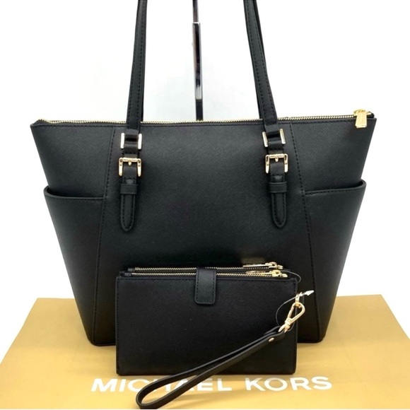 Michael Kors Charlotte Tote & Double Zip Wallet Black/Gold - Picture 3 of 10